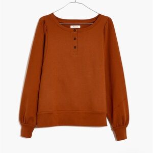 USED Madewell Puff Sleeve Henley Sweatshirt in Warm Coffee Orange Brown